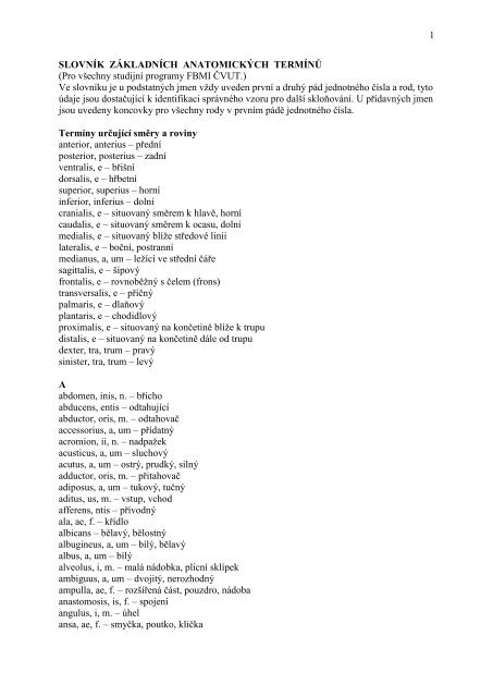 Slovník latinských a řeckých anatomických termínů - FBMI