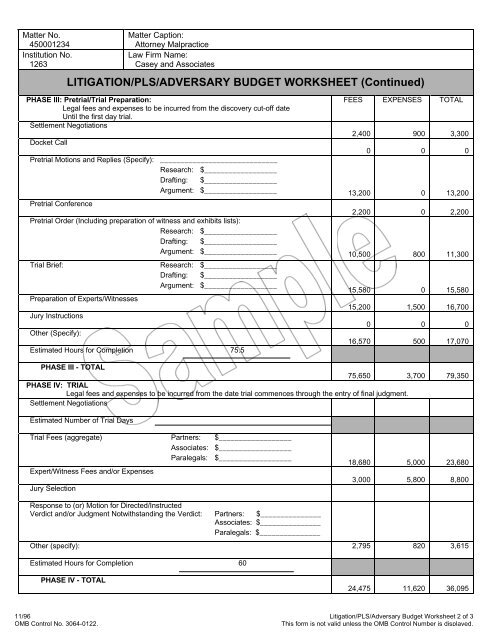 LITIGATION/PLS/ADVERSARY BUDGET WORKSHEET LITIGATION ...