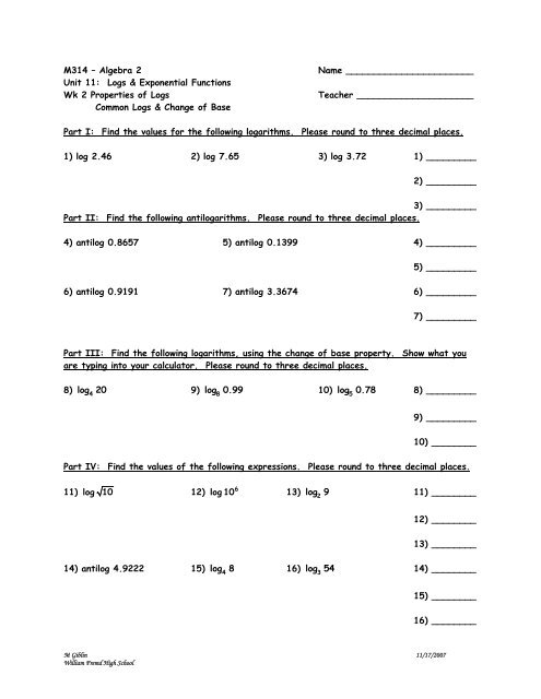 M314 – Algebra 2 - William Fremd High School