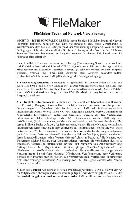 FileMaker Technical Network Vereinbarung