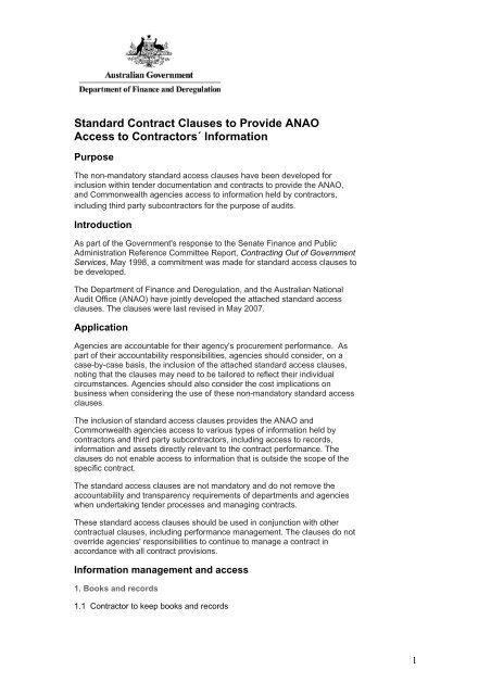 Standard Contract Clauses to Provide ANAO Access to Contractors ...