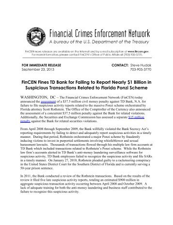 FinCEN Fines TD Bank for Failing to Report Nearly $1 Billion in ...