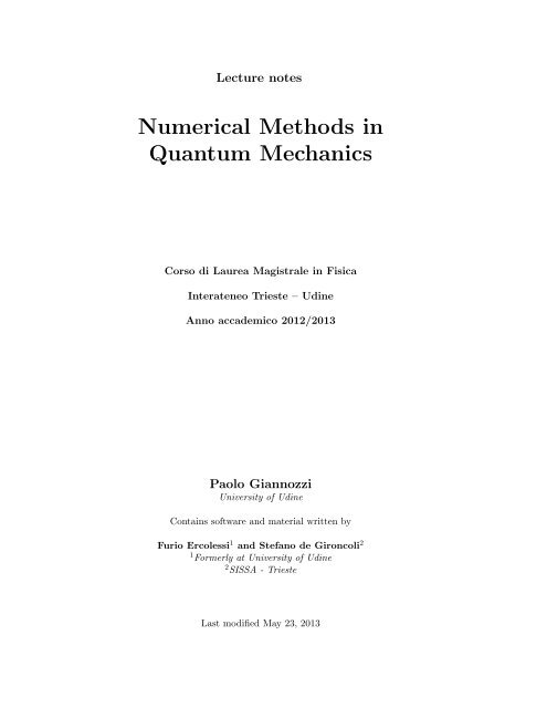 Numerical Methods in Quantum Mechanics - Dipartimento di Fisica