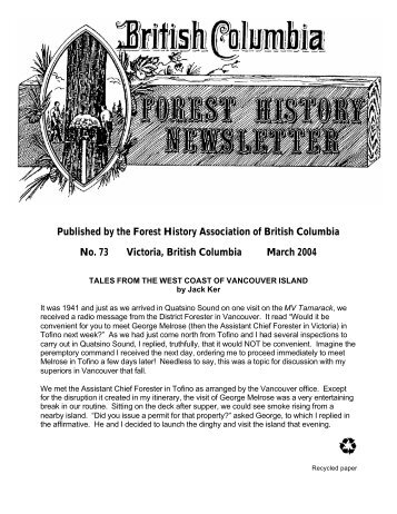 Forest History Newsletter 73 - Ministry of Forests, Lands and Natural ...