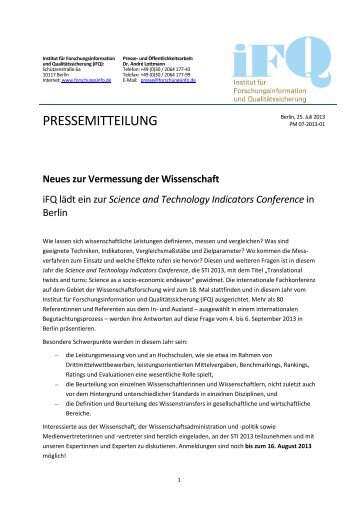 PRESSEMITTEILUNG - iFQ Institut für Forschungsinformation und ...
