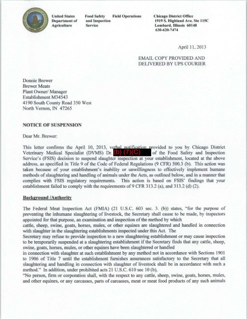 Notice of Suspension Letter from FSIS to EST. M34543 (April 11, 2013)