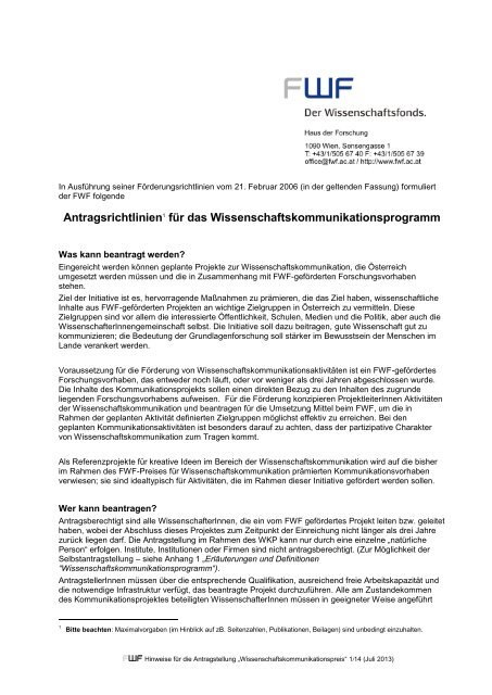 FWF - Antragsunterlagen - Einzelprojekte - Antragsrichtlinien