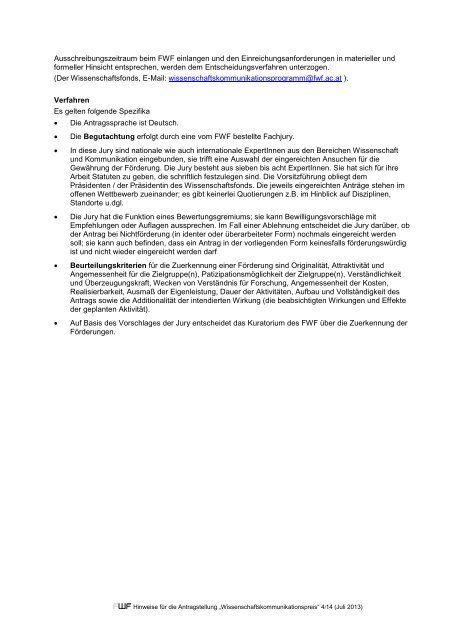 FWF - Antragsunterlagen - Einzelprojekte - Antragsrichtlinien