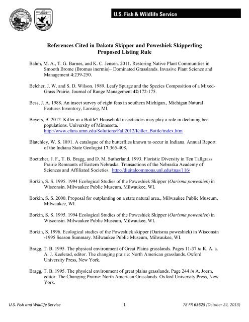 References Cited in Dakota Skipper and Poweshiek Skipperling ...