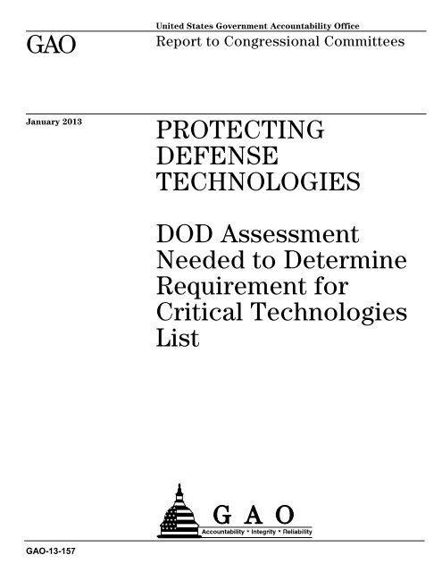 GAO-13-157, PROTECTING DEFENSE TECHNOLOGIES: DOD ...