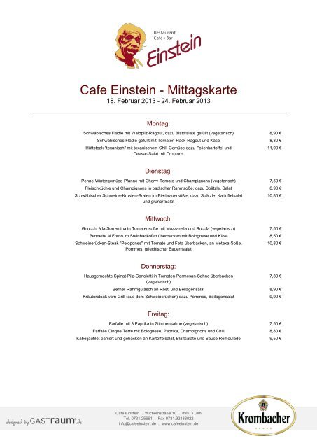 Cafe Einstein - Mittagskarte - GastRaum