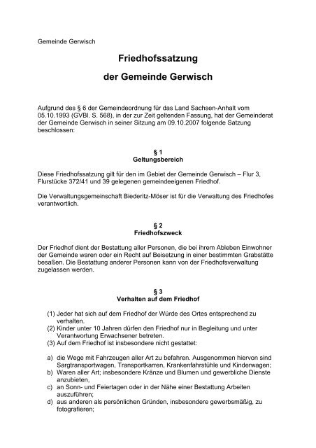 Friedhofssatzung der Gemeinde Gerwisch