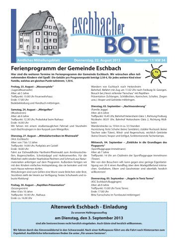 Ferienprogramm der Gemeinde Eschbach