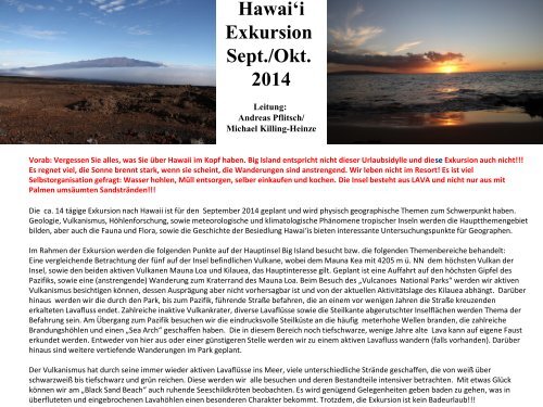 Die 15 tÃ¤gige Exkursion nach Hawaii ist fÃ¼r den September 2013 ...