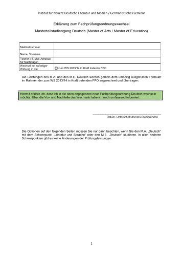 Formular zum Wechsel der FPO Deutsch - Germanistisches Seminar