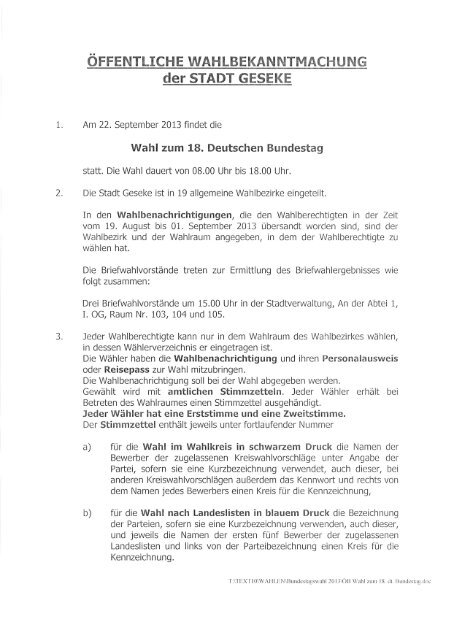 Öffentliche Bekanntmachung der Stadt Geseke zur Wahl zum 18 ...