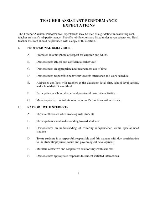 Teacher Assistant Guidelines for Standards and Evaluation