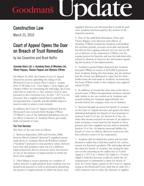 Construction Law Court of Appeal Opens the Door on ... - Goodmans