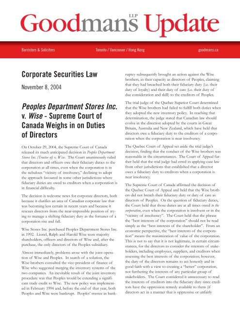 Peoples Department Stores Inc. v. Wise Œ Supreme ... - Goodmans