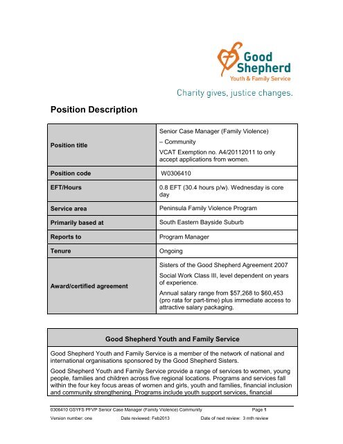 Position Description - Good Shepherd Youth & Family Service