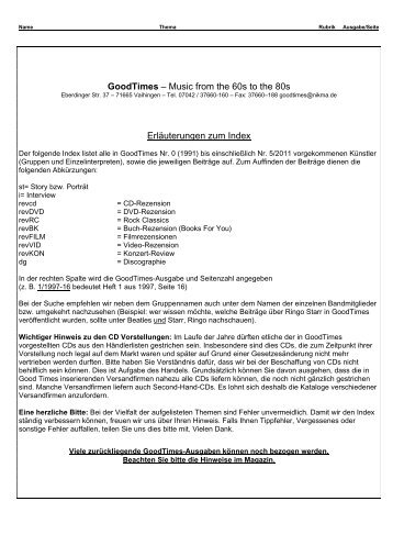 Goodtimes Music From The 60s To The 80s Erlauterungen Zum Index