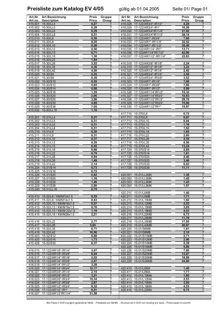 Preisliste zum Katalog EV 4/05 - Gooseweb