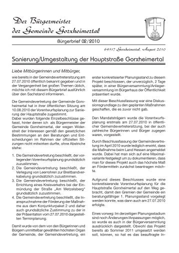 Bürgerbrief zur Sanierung der Landesstraße 02/2010 - Gorxheimertal