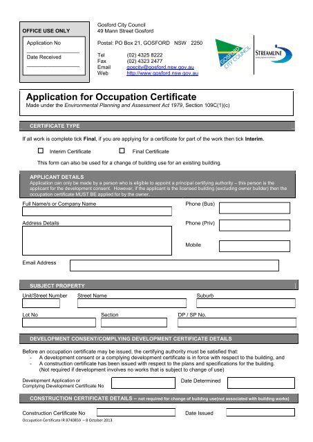 Application for Occupation Certificate - Gosford City Council