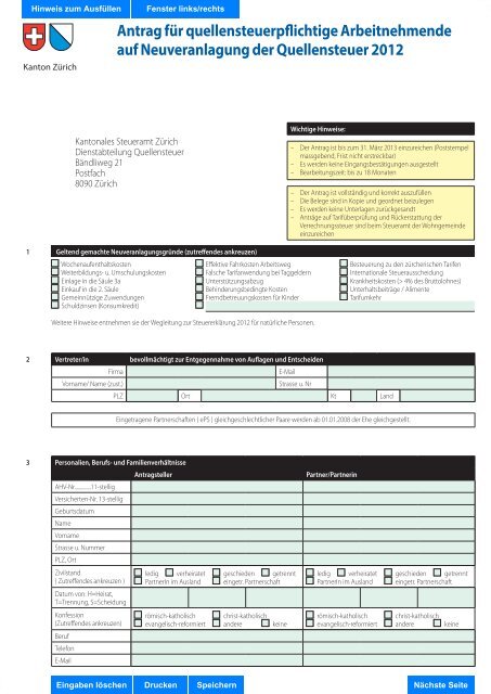 Antrag für quellensteuerpflichtige Arbeitnehmende auf ... - Stadt Zürich