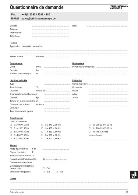 Informations techniques - BRINKMANN PUMPS