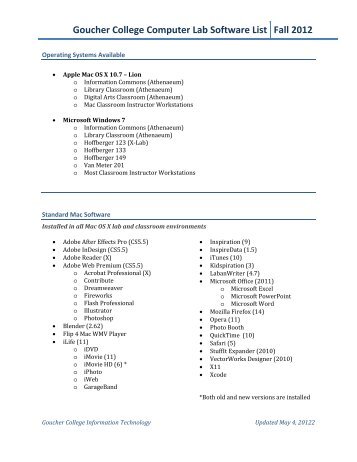 Goucher College Computer Lab Software List Fall 2012