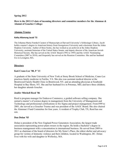 Spring 2012 Here is the 2012-13 slate of ... - Goucher College