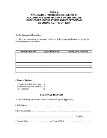 FORM A APPLICATION FOR BUSINESS LICENCE IN ...