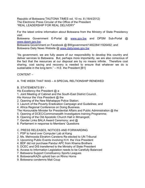 Republic Of Botswana Tautona Times Vol 10 No 8 18 4 12