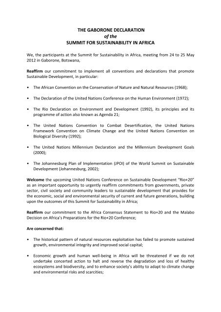 the gaborone declaration of the summit for sustainability in africa