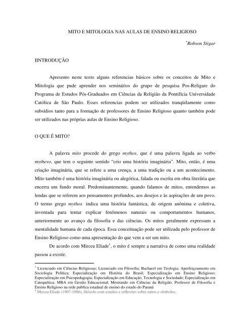 MITO E MITOLOGIA NAS AULAS DE ENSINO RELIGIOSO ... - GPER
