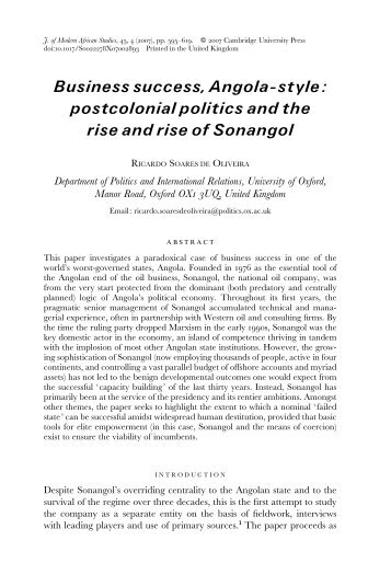 Business success, Angola-style: postcolonial politics and the rise ...