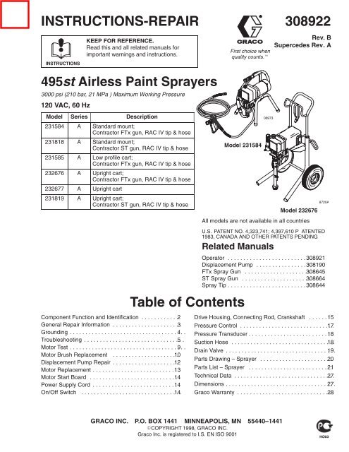 308922B 495st Airless Paint Sprayers - Graco Inc.