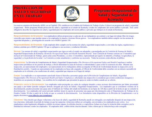 Protecion De Seguridad Y Salud En El Trabajo Kentucky Labor Cabinet