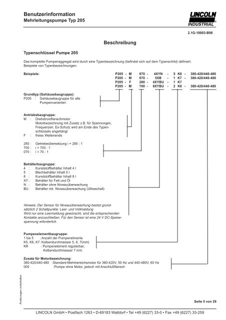 Pumpe 205 - Graf Zentralschmiersysteme und Zentralschmieranlagen