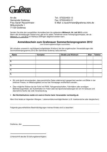 Sommerferienprogramm 2012, Homepage Anmeldung - Grafenau