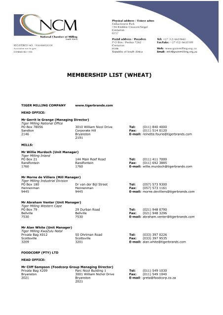 MEMBERSHIP LIST (WHEAT) - National Chamber of Milling