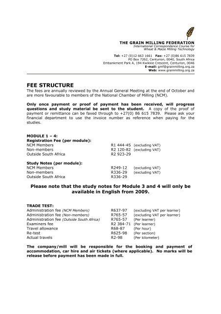 2009 Gmf Fee Structure National Chamber Of Milling