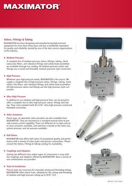 High Pressure Valves, Fittings and Tubing - Granzow