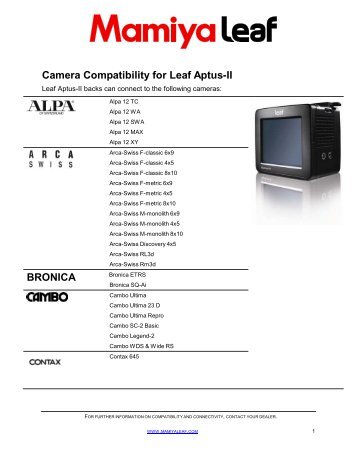 Camera Compatibility for Leaf Aptus-II - Mamiya