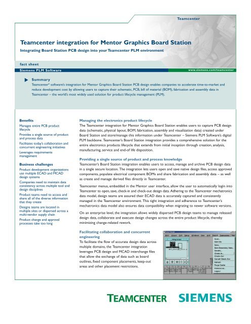 Teamcenter Mentor Graphics Board Station Integration Fact Sheet