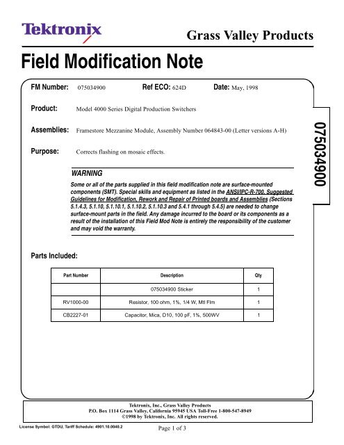 Field Modification Note - Grass Valley