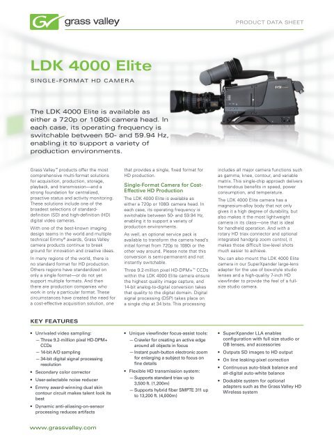Ldk 4000 Elite Single Format Hd Camera Data Sheet Grass Valley