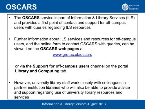 University of Greenwich library resources and services for partner staff