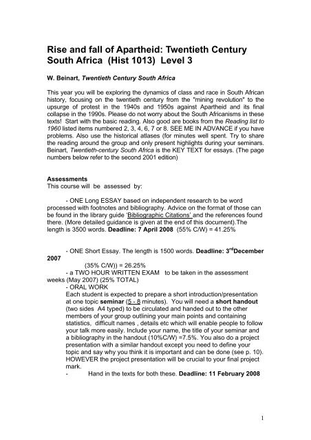 Rise and fall of Apartheid: Twentieth Century South Africa (Hist 1013 ...